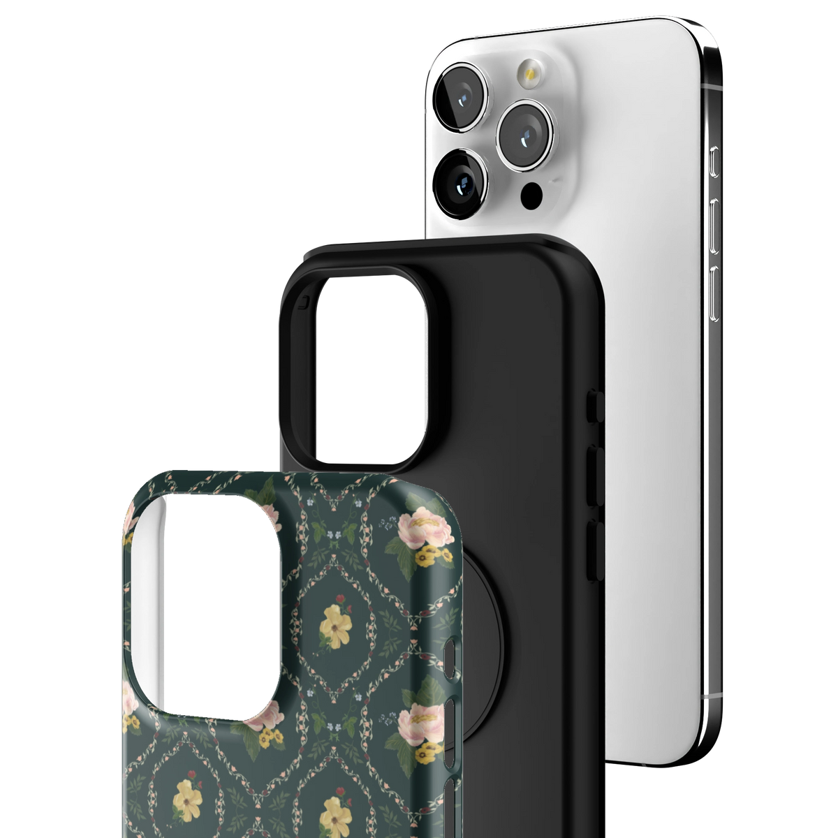 Exploded view of the Meadow iPhone 15 Pro Max case: printed shell, black inner layer with MagSafe ring, and phone