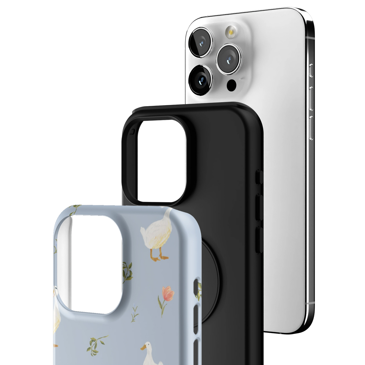 Exploded view of the Ducks iPhone 15 Pro Max case: printed shell, black inner layer with MagSafe ring, and phone