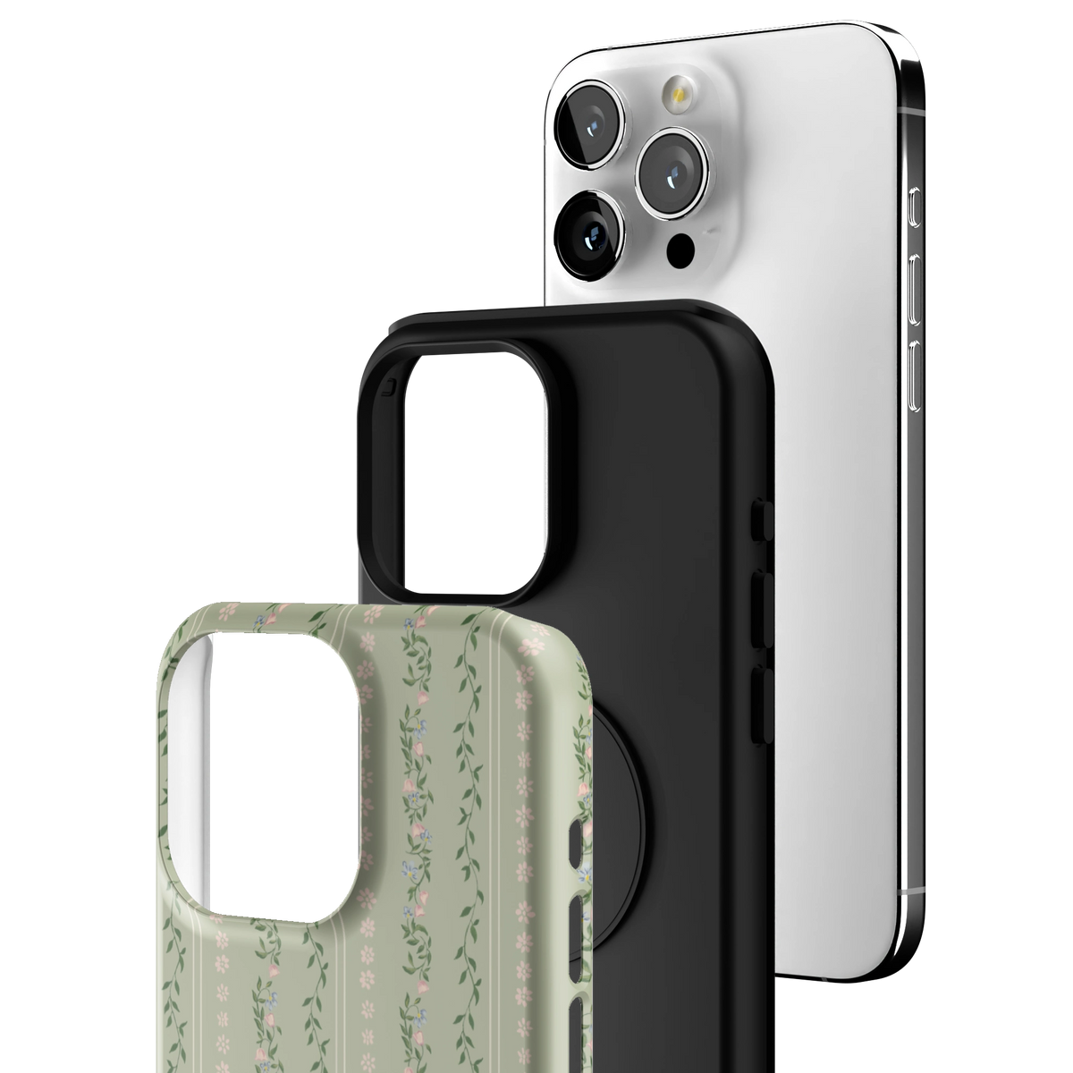 Exploded view of the Camellia iPhone 15 Pro Max case: printed shell, black inner layer with MagSafe ring, and phone