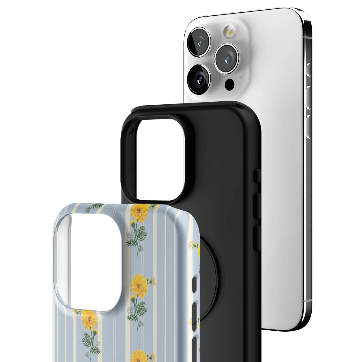 Exploded view of the October Birth Month iPhone 15 Pro Max case: printed shell, black inner layer with MagSafe ring, and phone