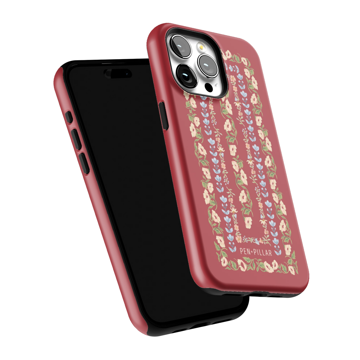 Fiona iPhone 15 Pro Max case tilted to show the raised edges around the screen and camera