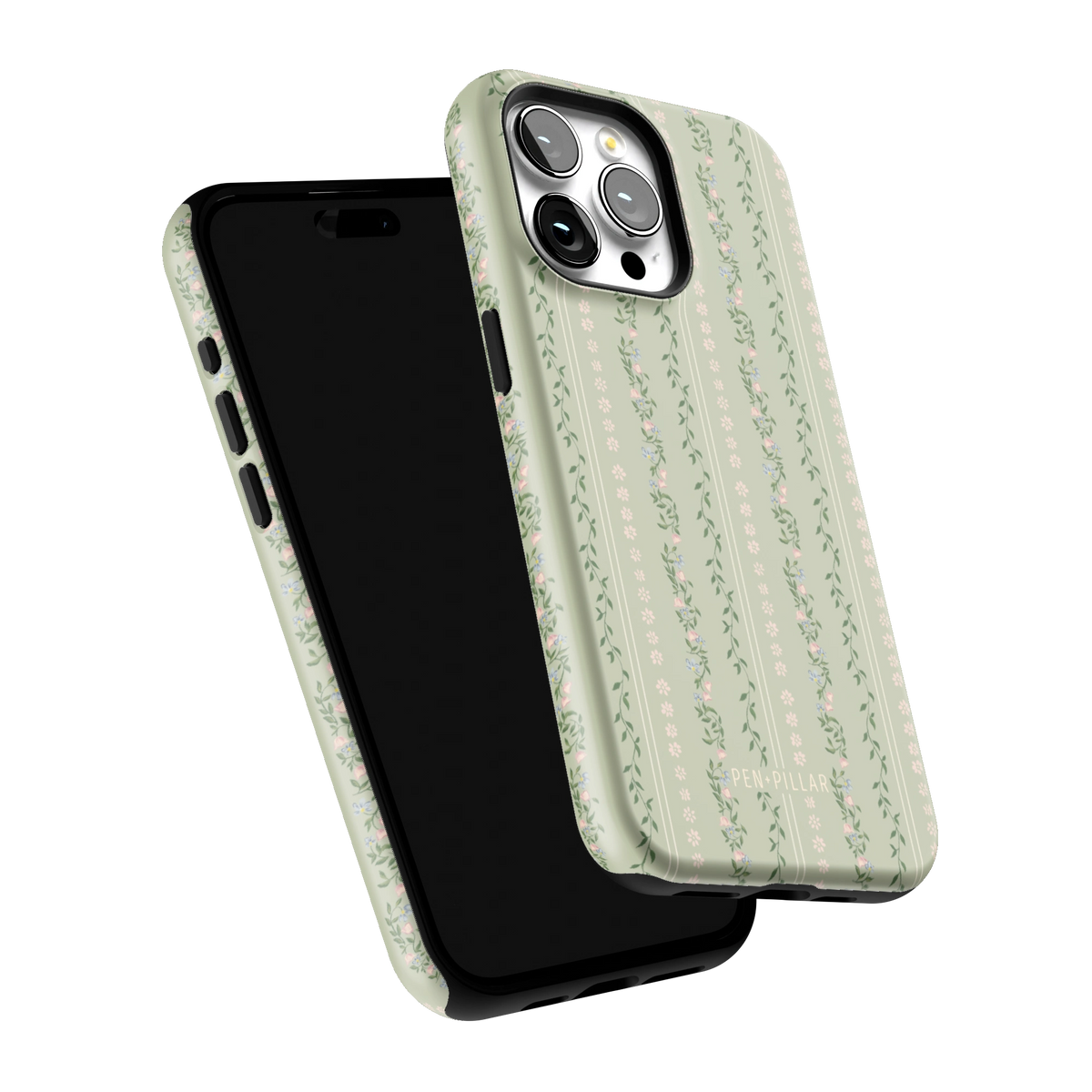 Camellia iPhone 15 Pro Max case tilted to show the raised edges around the screen and camera