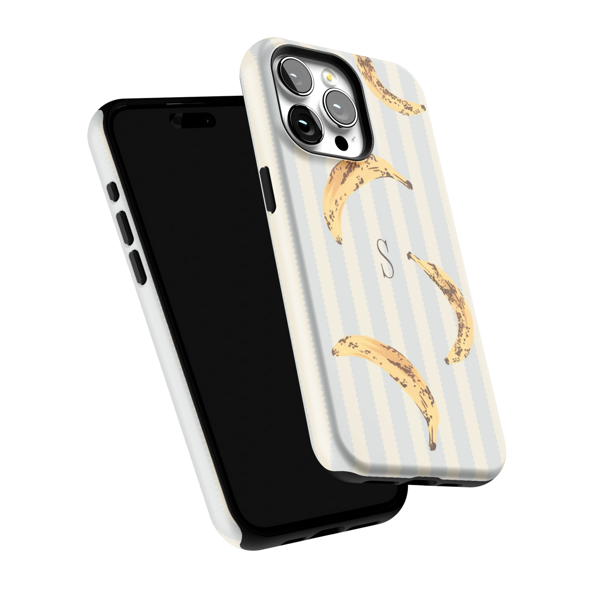 Striped Bananas Personalized iPhone 15 Pro Max case tilted to show the raised edges around the screen and camera