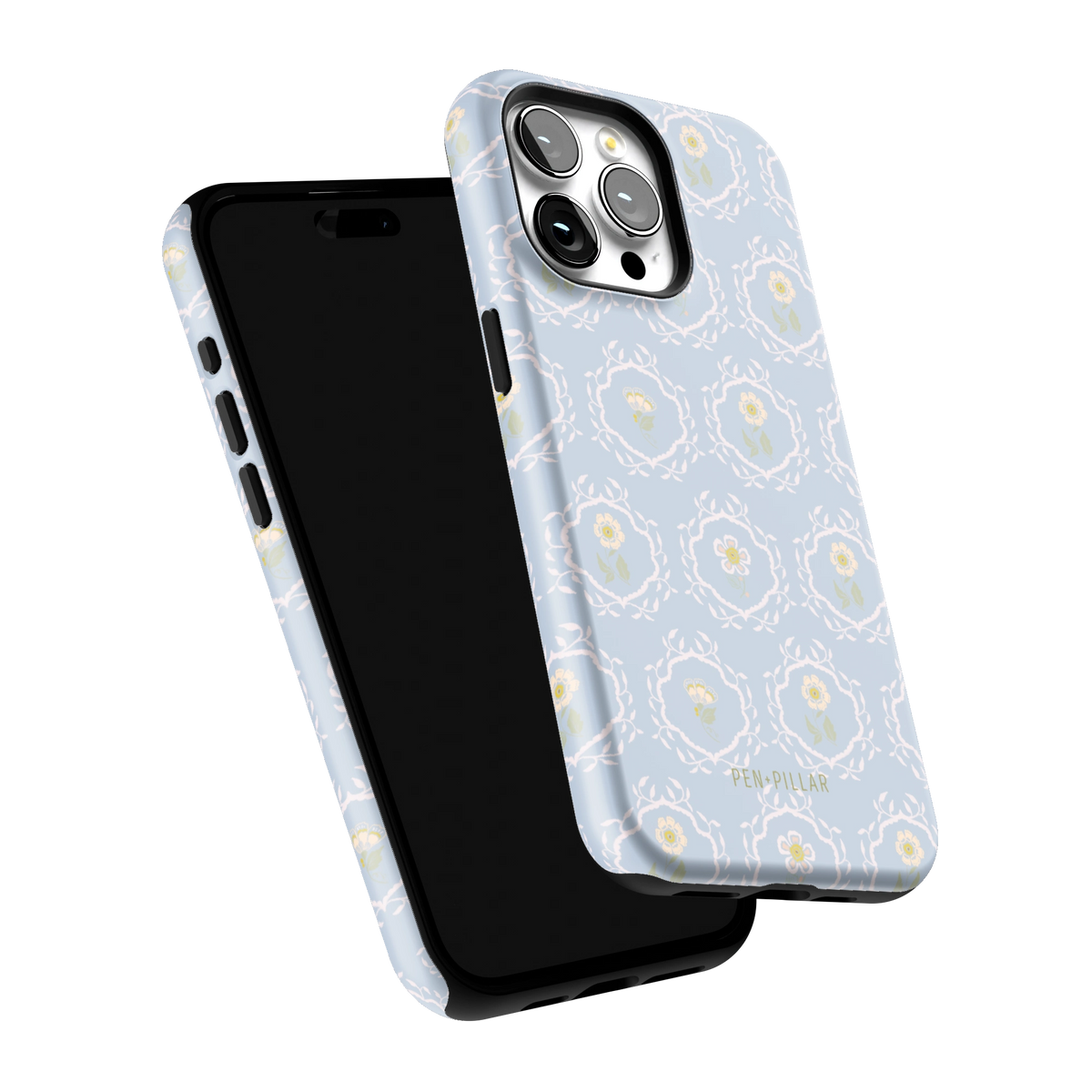 Merrigold iPhone 15 Pro Max case tilted to show the raised edges around the screen and camera