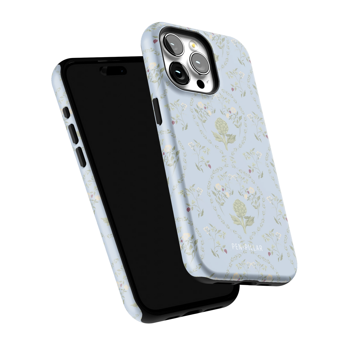 Artichoke iPhone 15 Pro Max case tilted to show the raised edges around the screen and camera