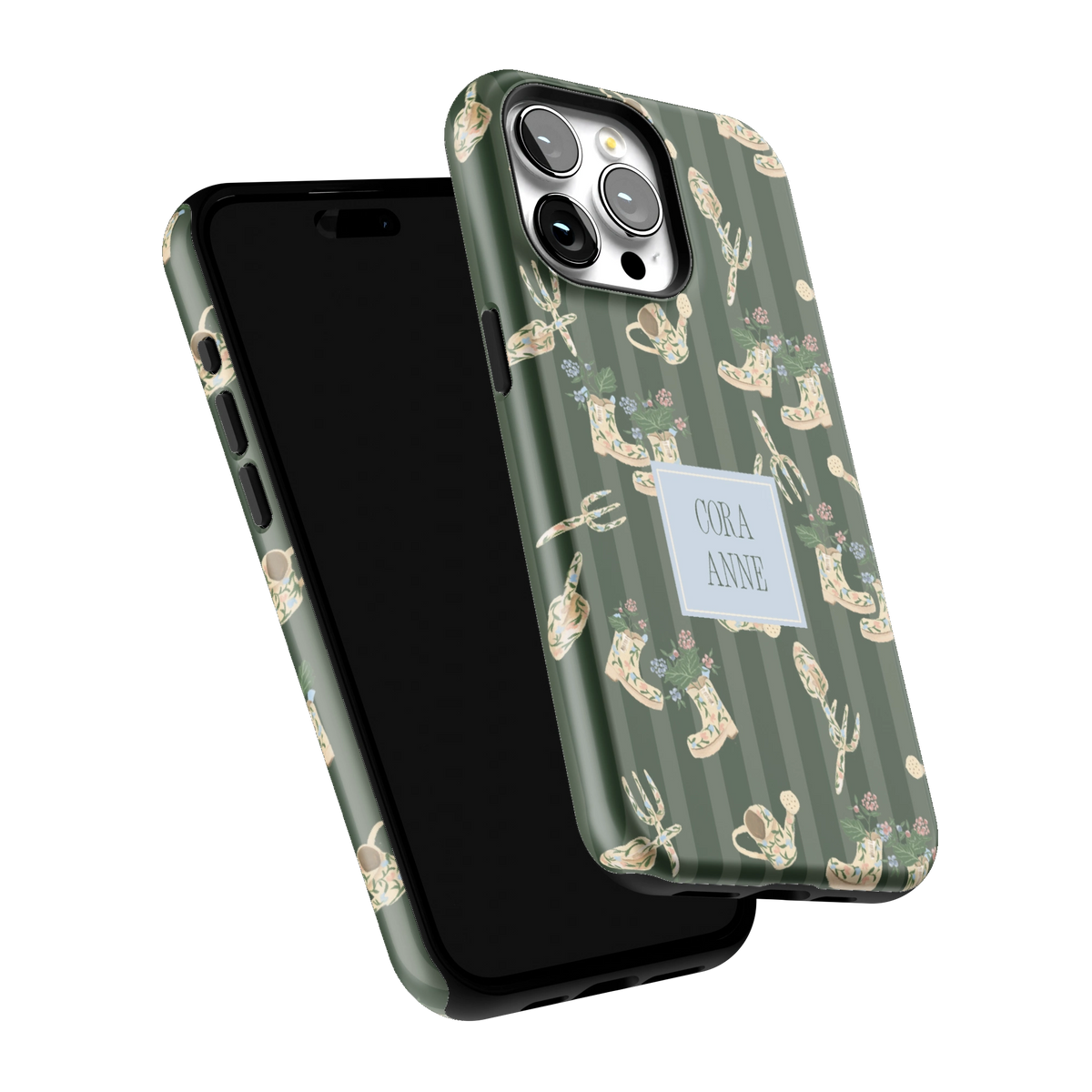 In the Garden Personalized iPhone 15 Pro Max case tilted to show the raised edges around the screen and camera
