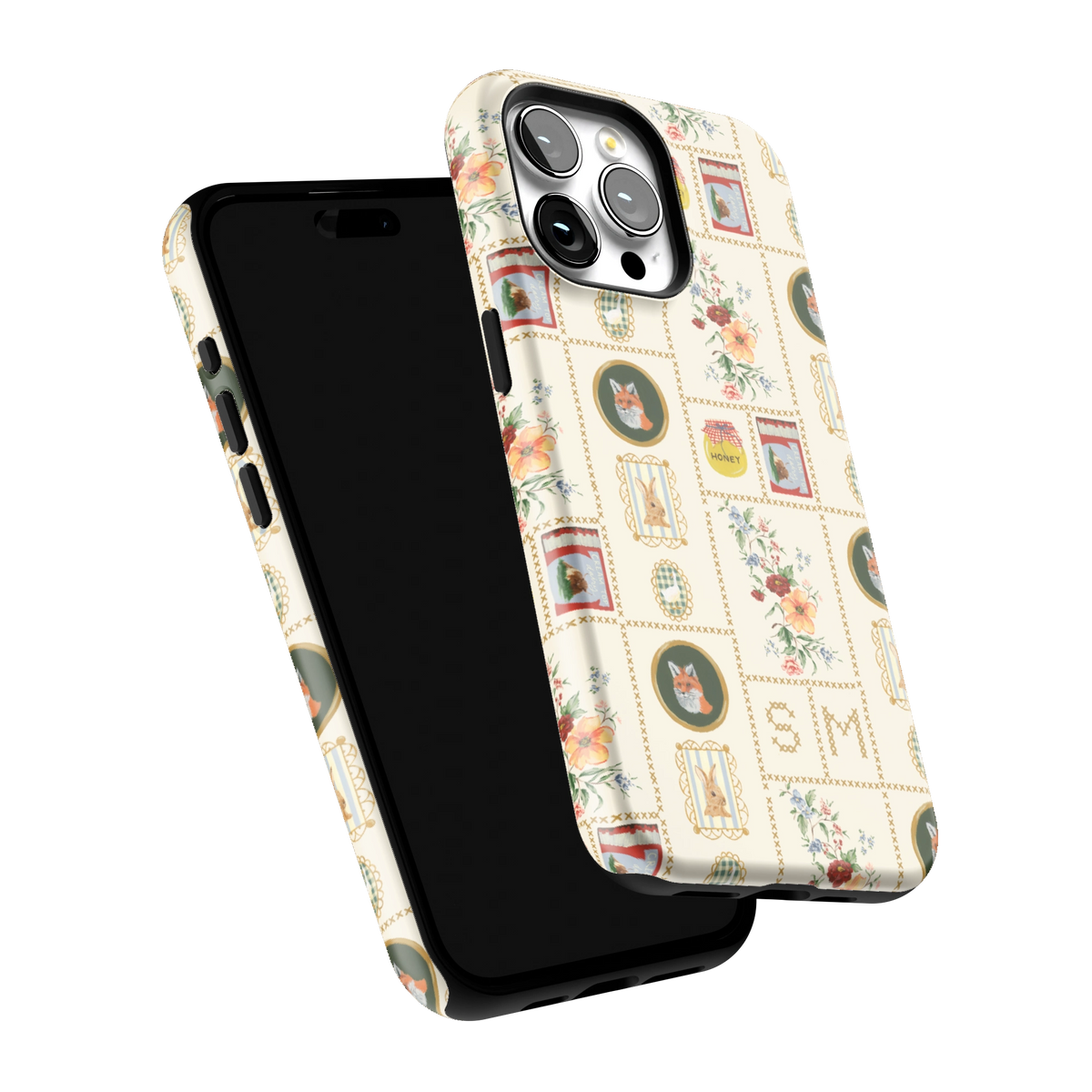 Sampler Personalized iPhone 15 Pro Max case tilted to show the raised edges around the screen and camera