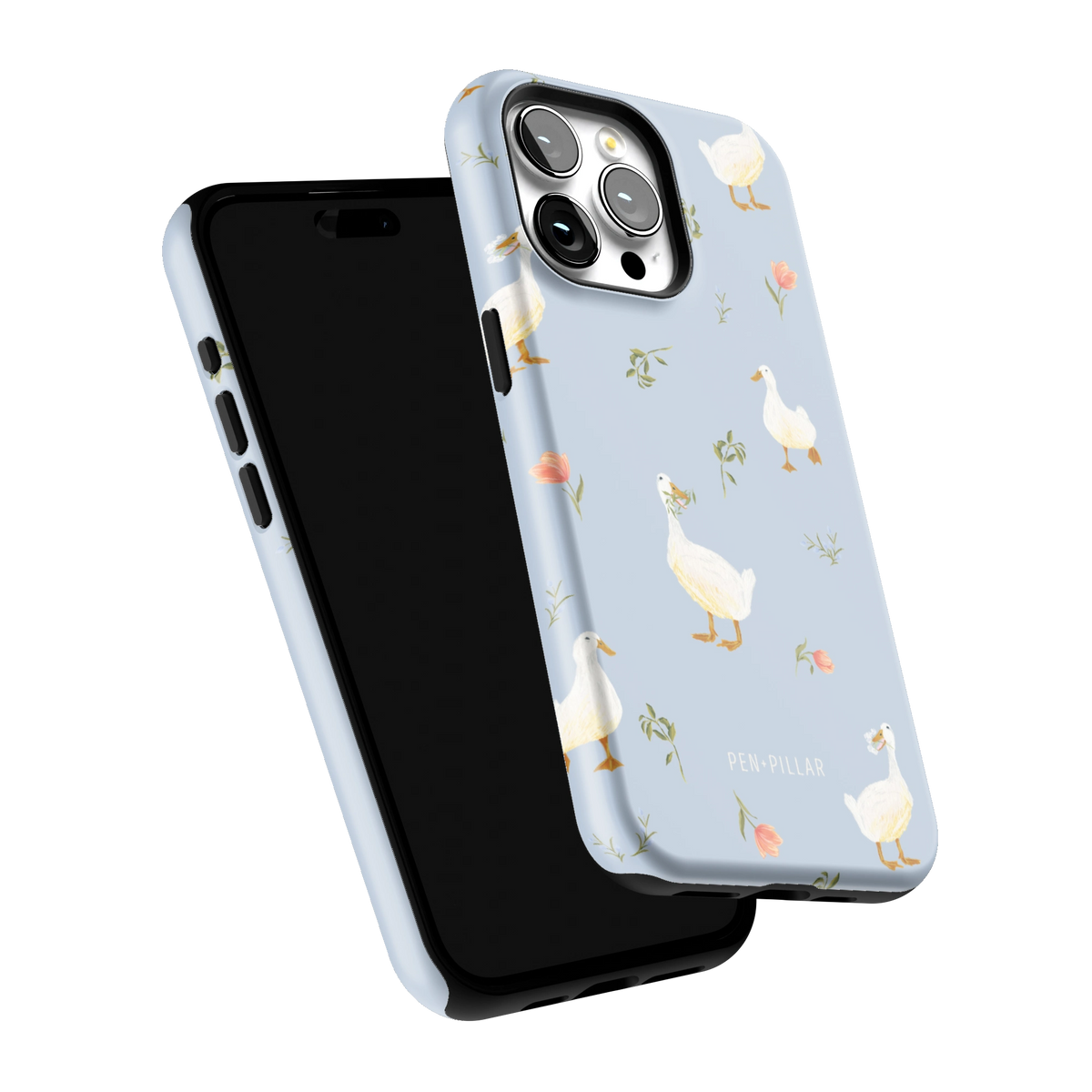 Ducks iPhone 15 Pro Max case tilted to show the raised edges around the screen and camera