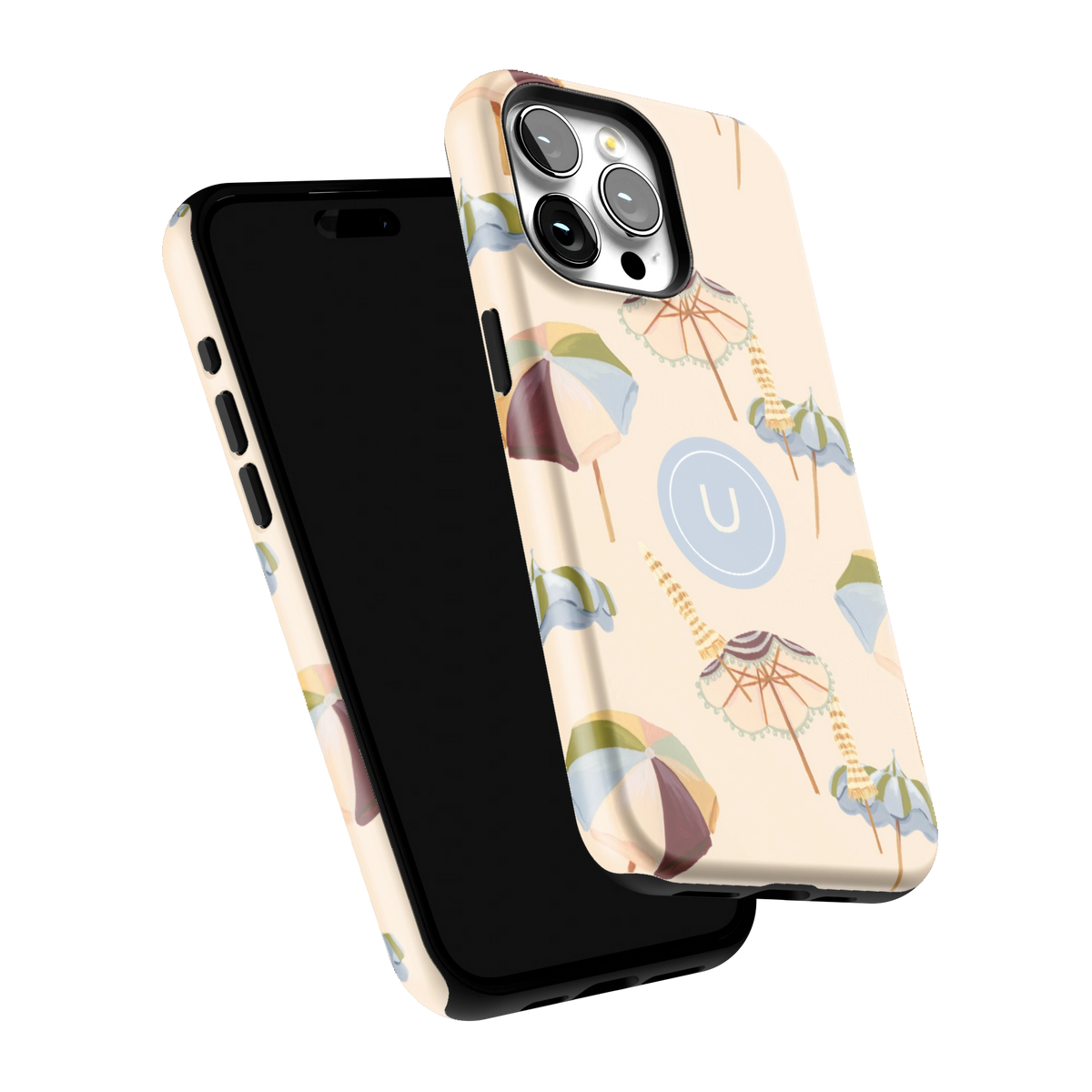 Umbrellas Personalized iPhone 15 Pro Max case tilted to show the raised edges around the screen and camera