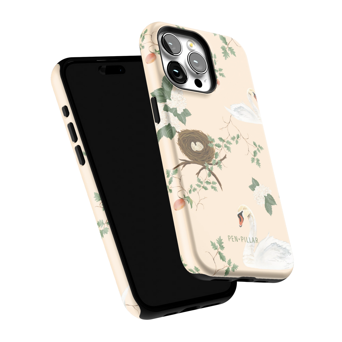 Swan Hollow iPhone 15 Pro Max case tilted to show the raised edges around the screen and camera