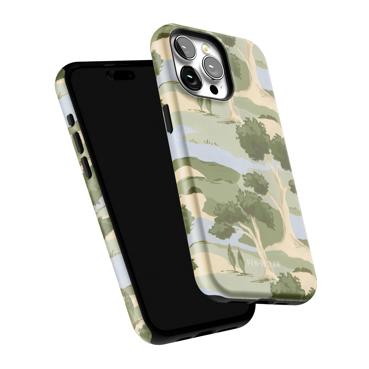 Orchard iPhone 15 Pro Max case tilted to show the raised edges around the screen and camera