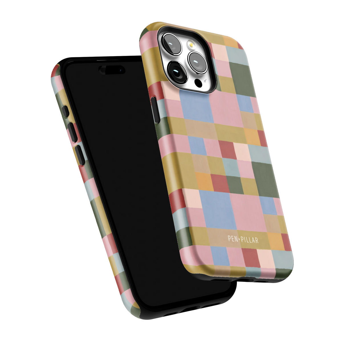Colorblock iPhone 15 Pro Max case tilted to show the raised edges around the screen and camera
