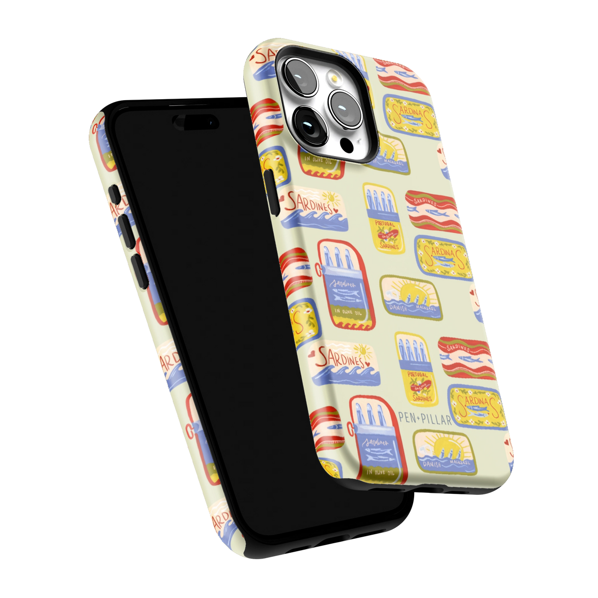 Sardines iPhone 15 Pro Max case tilted to show the raised edges around the screen and camera
