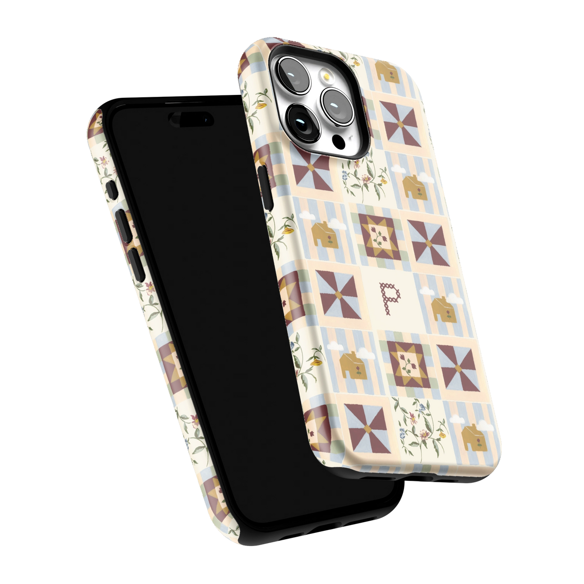 Pinwheel Personalized iPhone 15 Pro Max case tilted to show the raised edges around the screen and camera