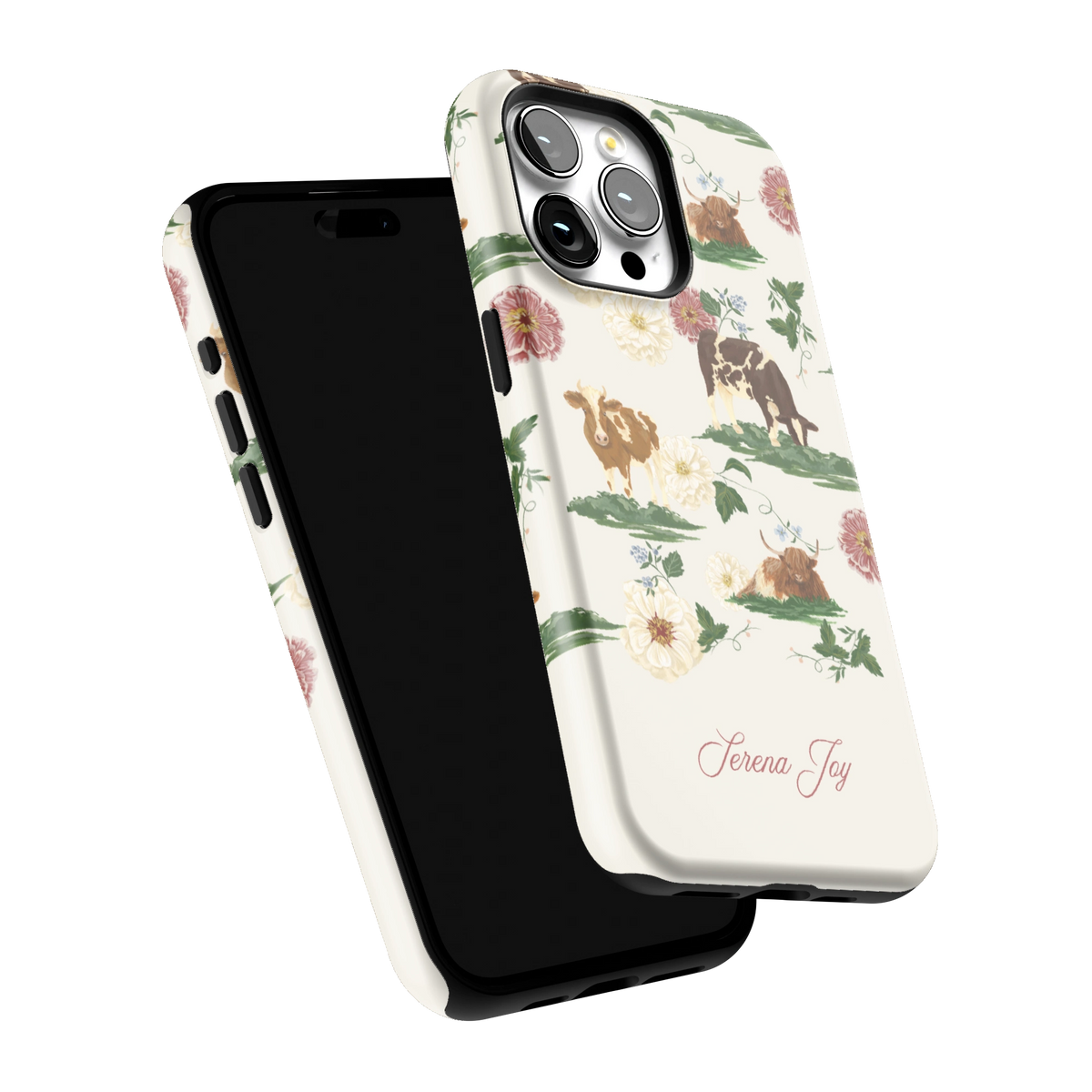 Pasture Personalized iPhone 15 Pro Max case tilted to show the raised edges around the screen and camera