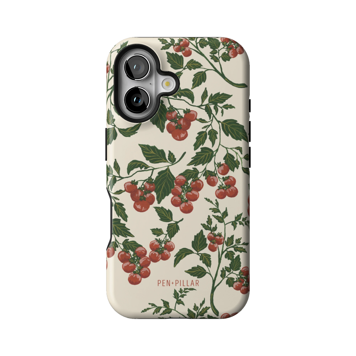 Tomato Vines case on iPhone 16, back view: red tomatoes on leafy green vines over cream