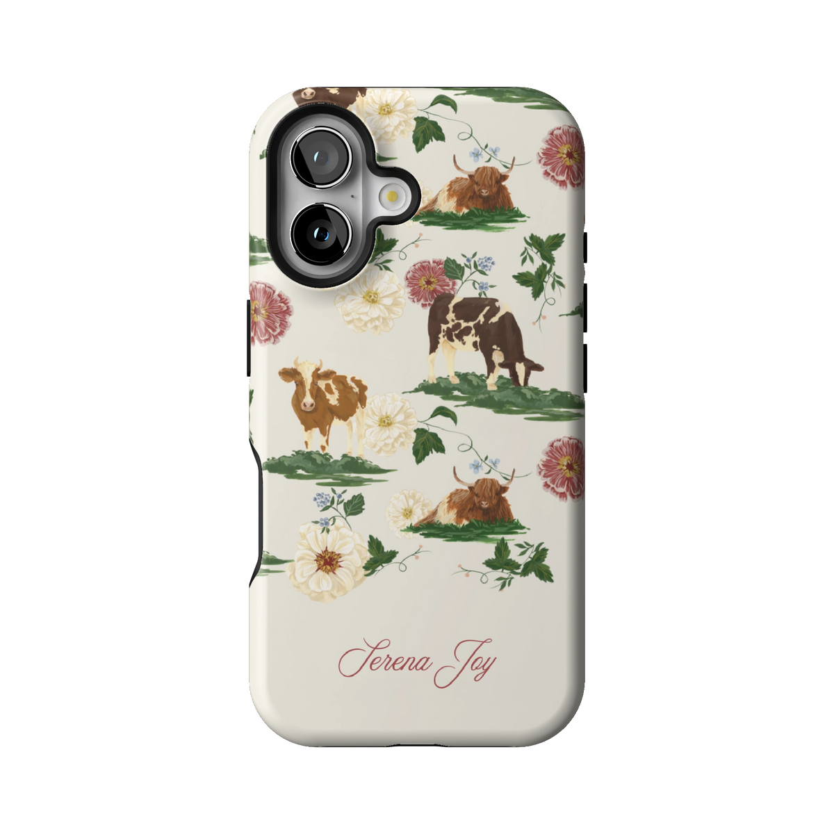 Pasture Personalized case on iPhone 16, back view: cows and dahlias in a countryside scene on cream with a name in script