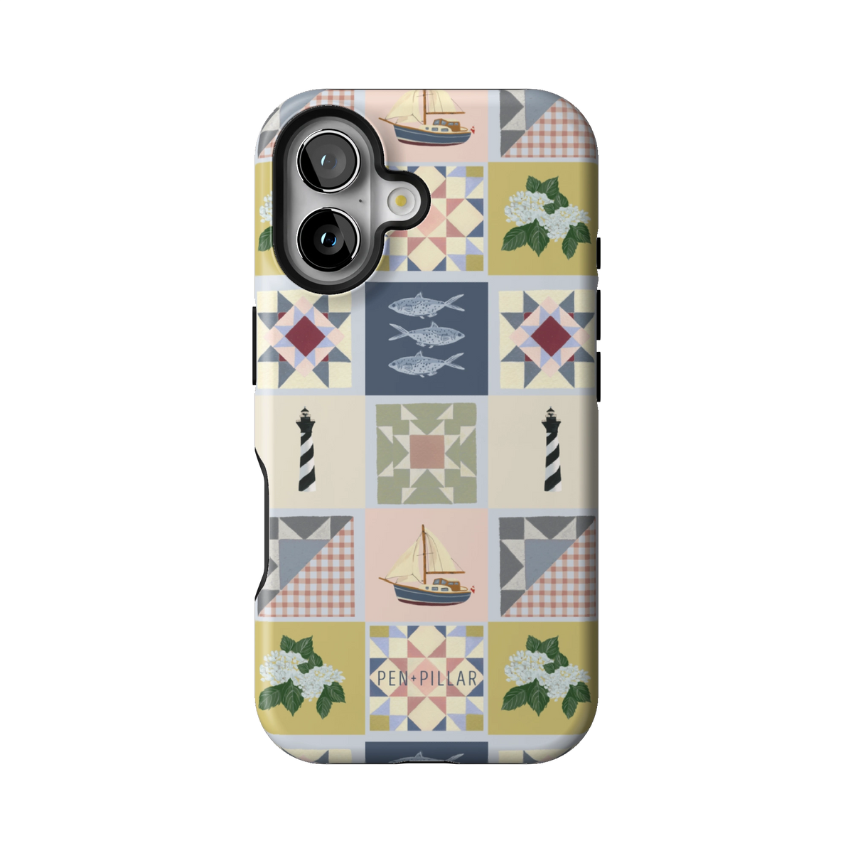 Coastal Quilt case on iPhone 16, back view: quilt blocks with sailboats, fish, a lighthouse and hydrangeas in navy, sage and blush