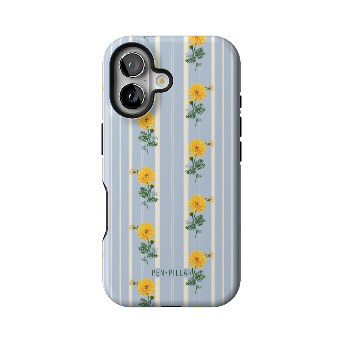 October Birth Month case on iPhone 16, back view: yellow marigolds on blue and cream stripes