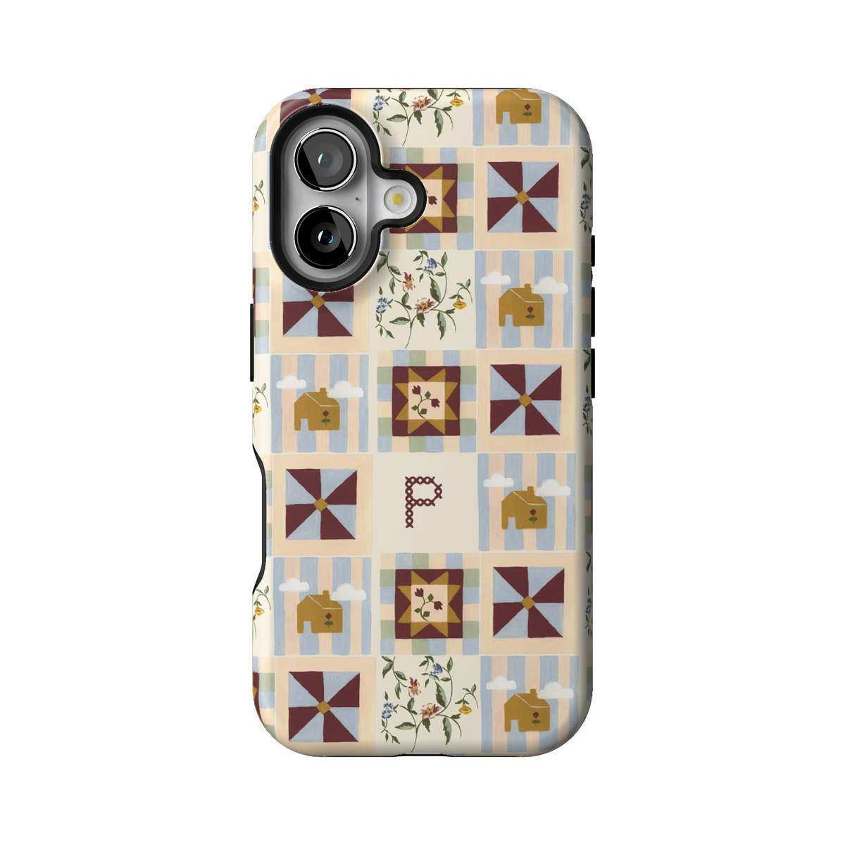 Pinwheel Personalized case on iPhone 16, back view: burgundy pinwheel quilt blocks on blue stripes with the initial P
