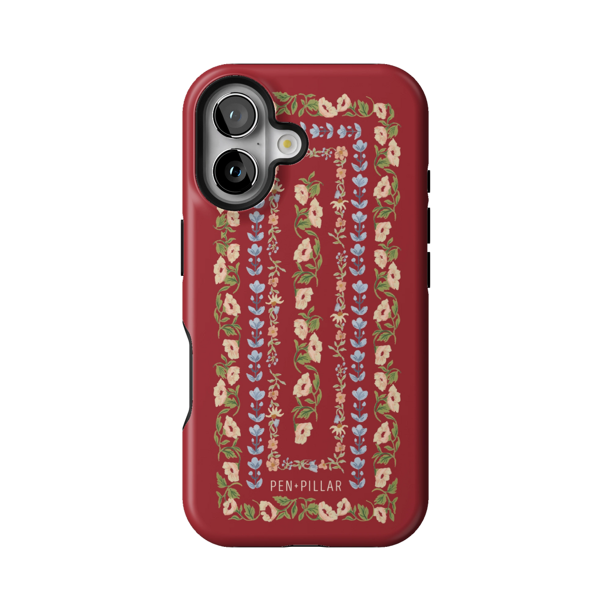Fiona case on iPhone 16, back view: ornate floral stripes in cream, blush and blue on rich red