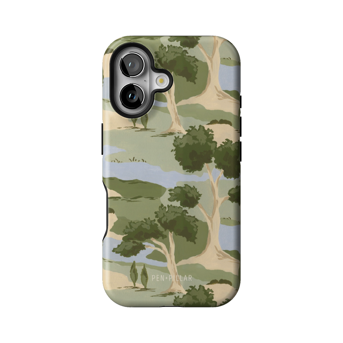 Orchard case on iPhone 16, back view: rolling green trees and winding blue streams on cream