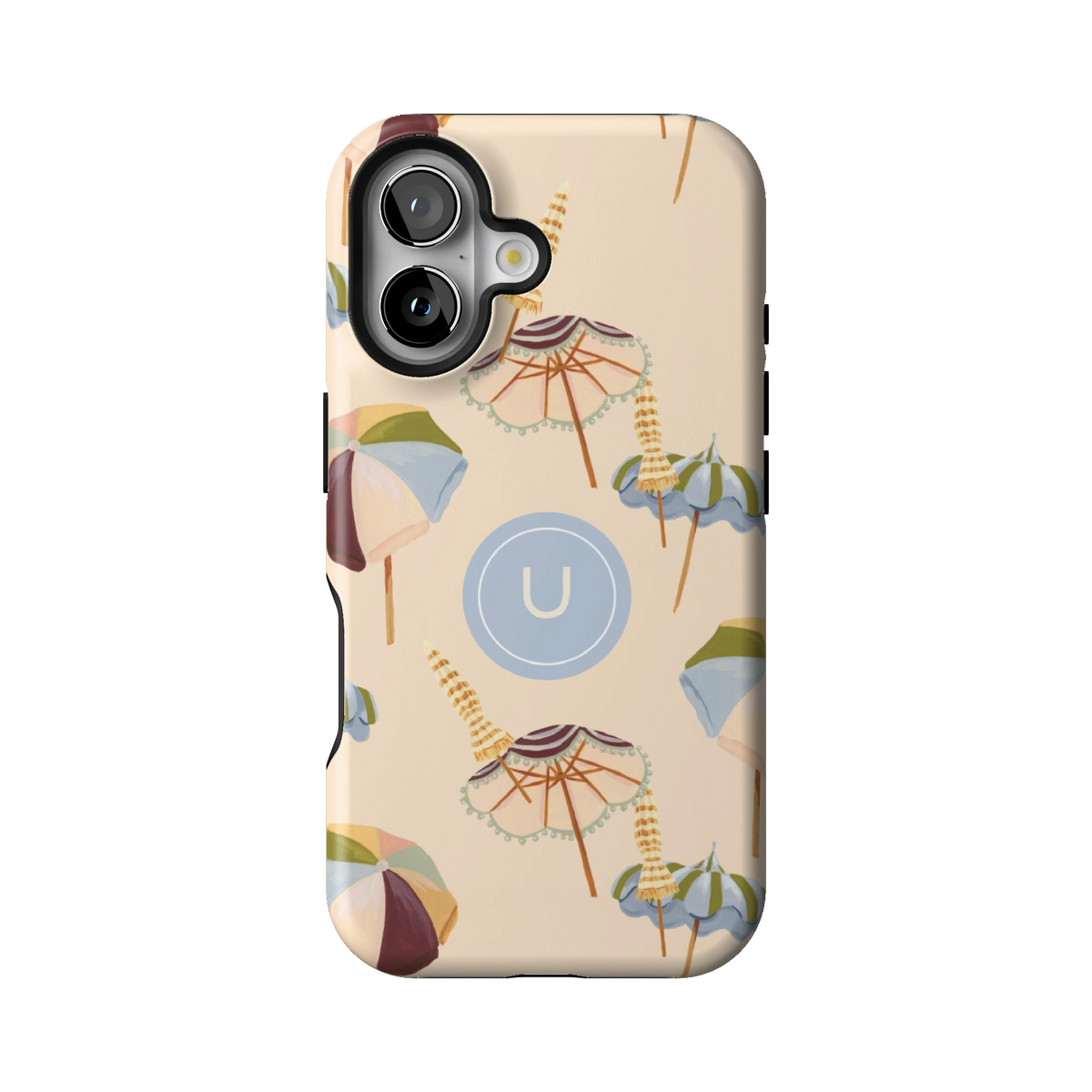 Umbrellas Personalized case on iPhone 16, back view: striped beach umbrellas and loungers on warm sand with the initial U