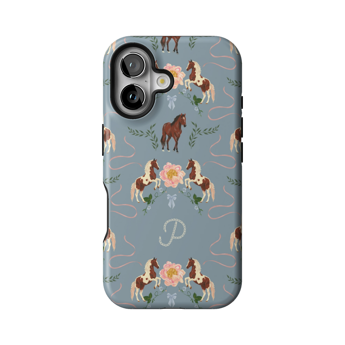 Prairie Personalized case on iPhone 16, back view: horses and blush florals on dusty blue with the initial P