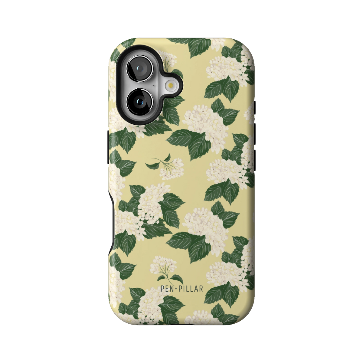 Hydrangea case on iPhone 16, back view: white hydrangeas and green leaves on buttery yellow