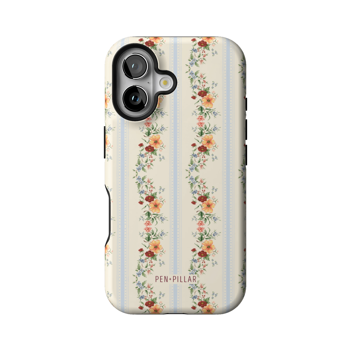 Wallflower case on iPhone 16, back view: floral garlands in orange and blush on cream and pale blue stripes