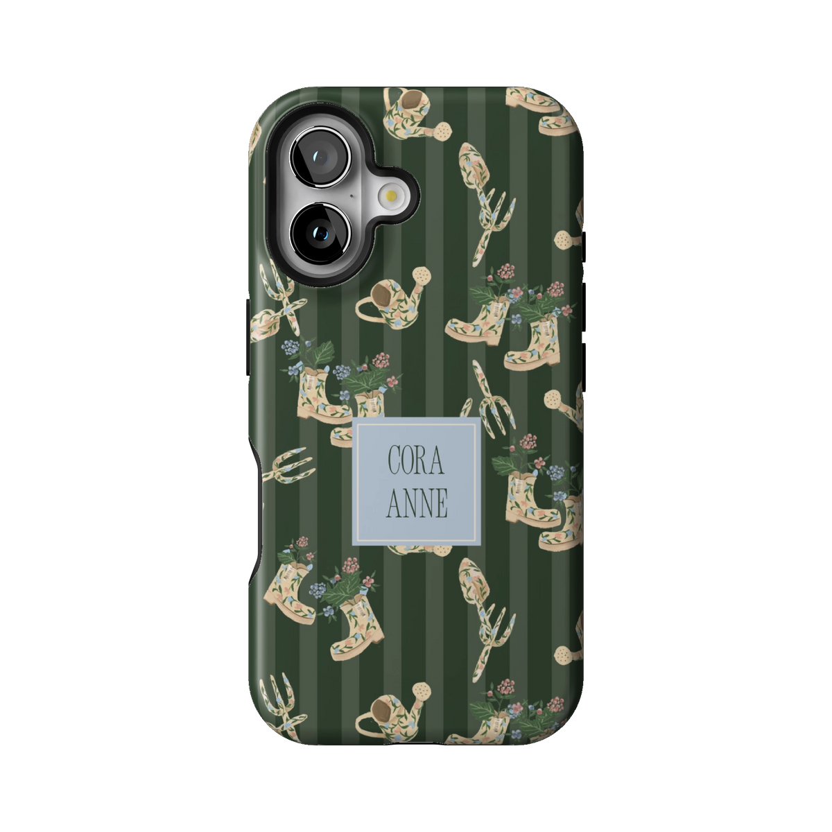 In the Garden Personalized case on iPhone 16, back view: garden boots, tools and florals on forest green stripes with the name Cora Anne