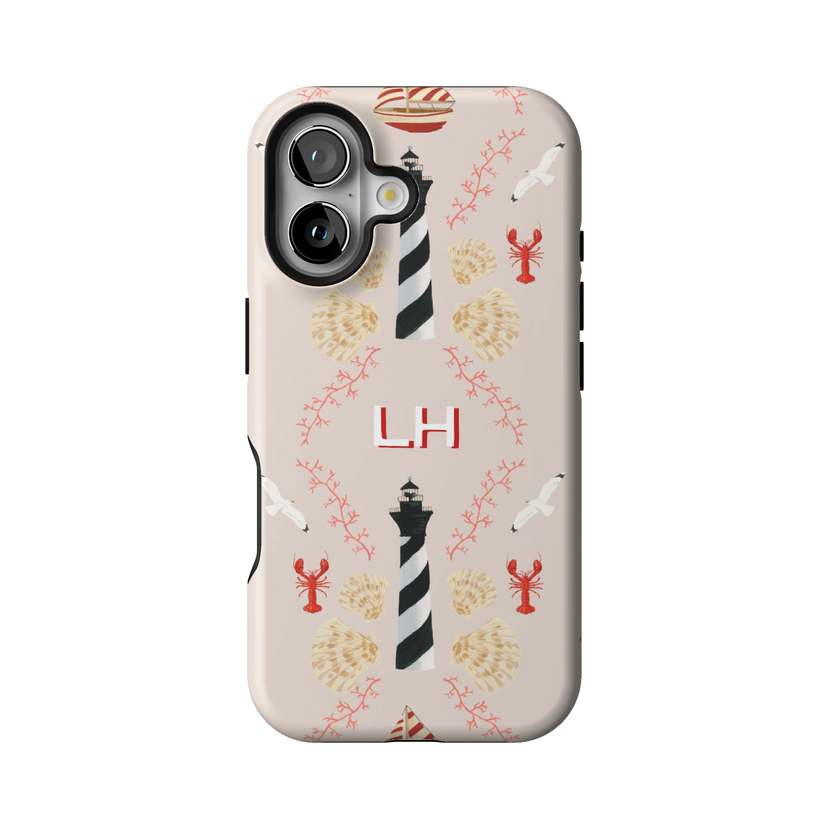 Lighthouse Personalized case on iPhone 16, back view: striped lighthouses, lobsters and seashells on blush with the initials LH