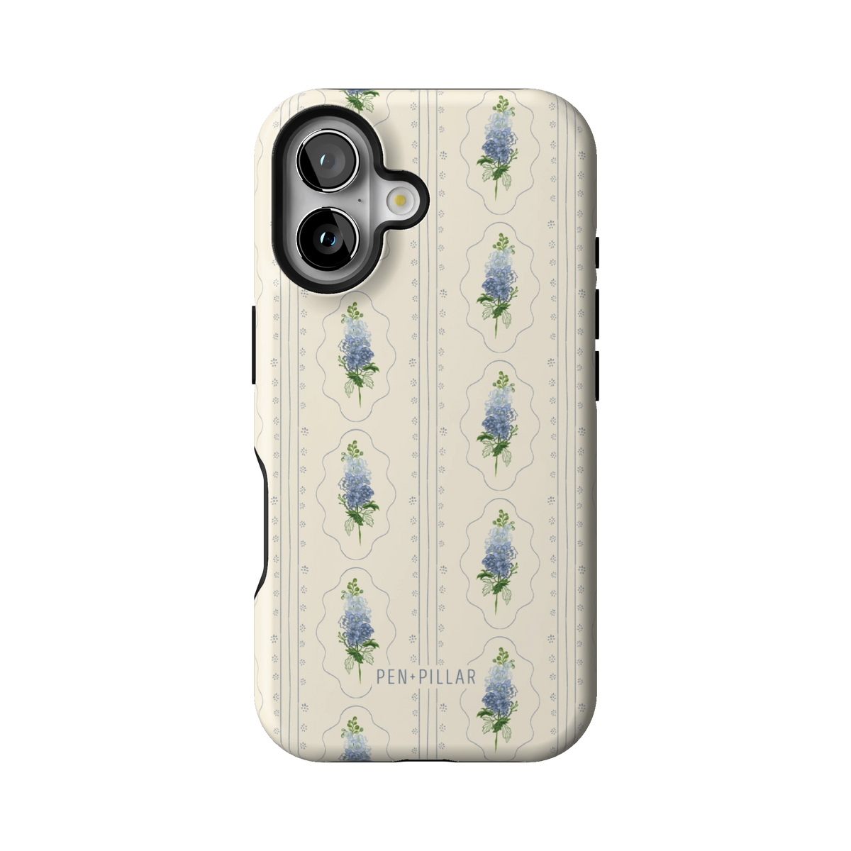 July Birth Month case on iPhone 16, back view: blue larkspur in cream frames