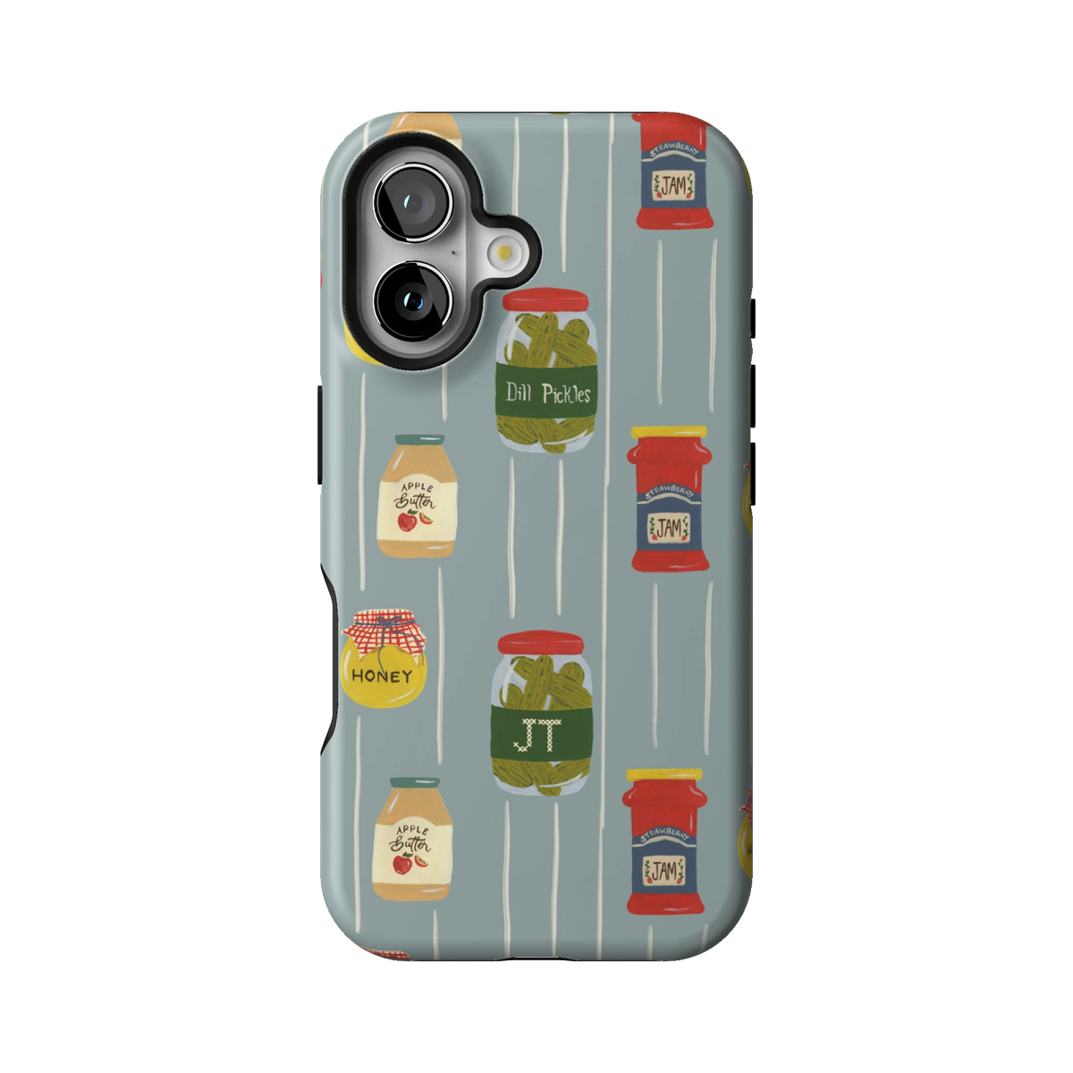 Preserves Personalized case on iPhone 16, back view: jars of honey, pickles and jam on slate blue stripes with the initials JT
