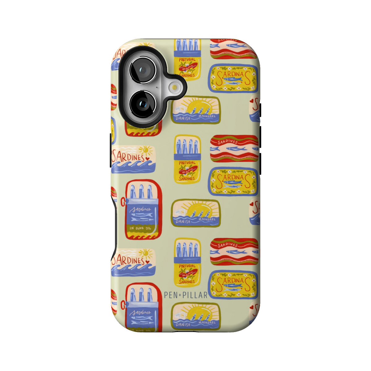Sardines case on iPhone 16, back view: vintage sardine tins on pale sage