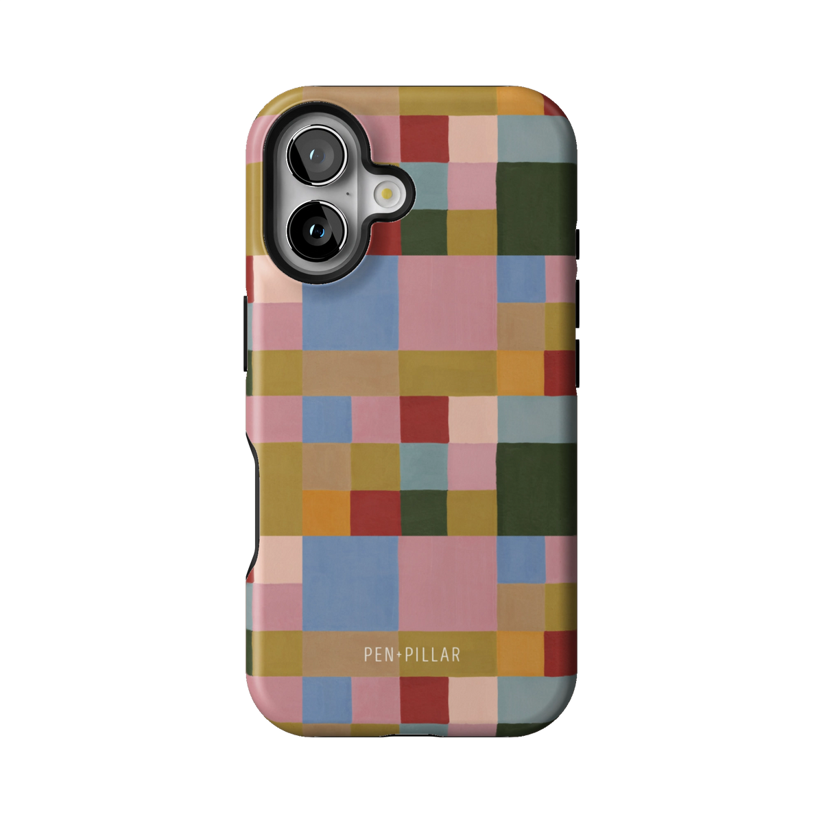 Colorblock case on iPhone 16, back view: painterly squares in blush, sky blue, mustard, rust and forest green