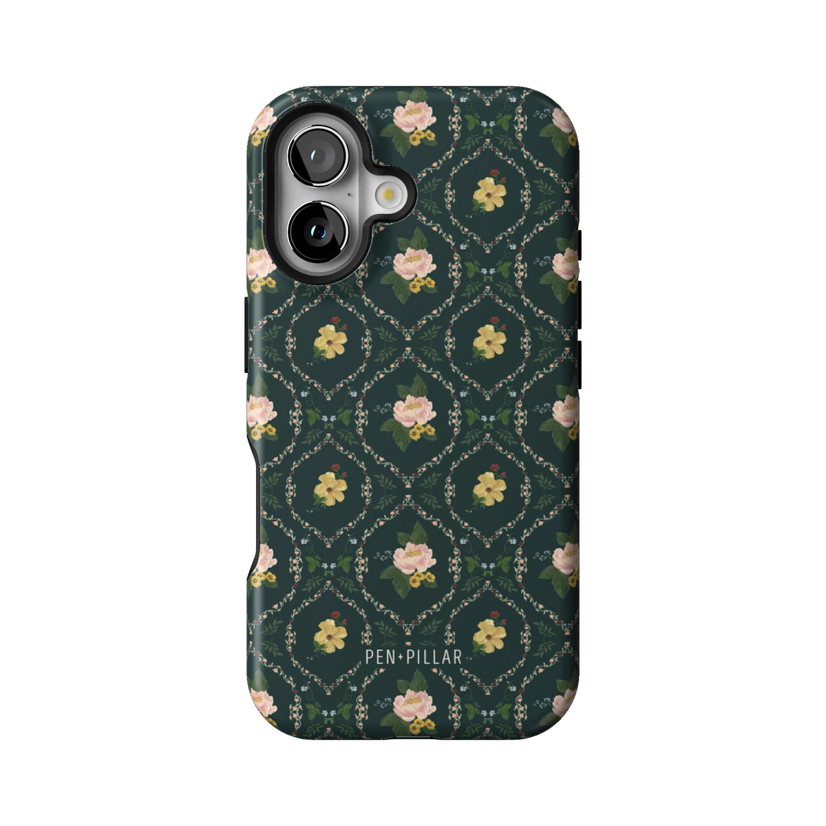 Meadow case on iPhone 16, back view: small yellow and pink flowers in a diamond trellis on deep green