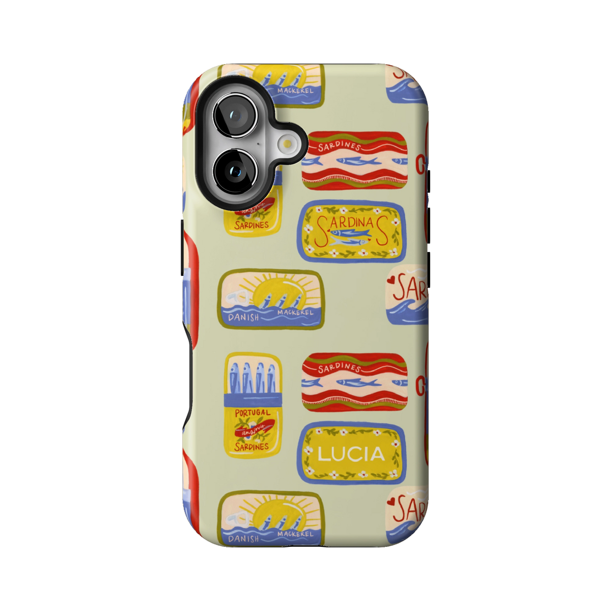 Sardines Personalized case on iPhone 16, back view: vintage sardine tins on pale sage with the name Lucia