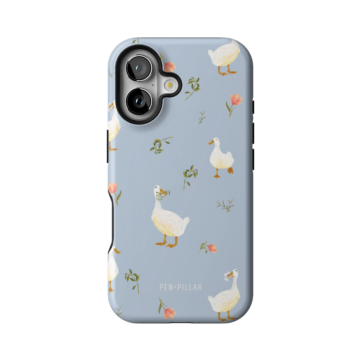 Ducks case on iPhone 16, back view: white ducks and small flower sprigs on soft blue