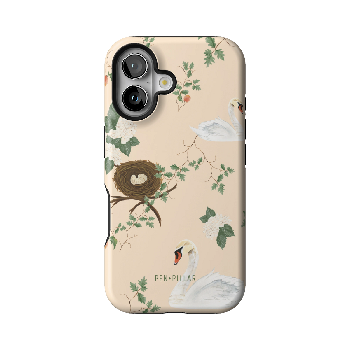 Swan Hollow case on iPhone 16, back view: swans, a bird's nest and trailing greenery on cream
