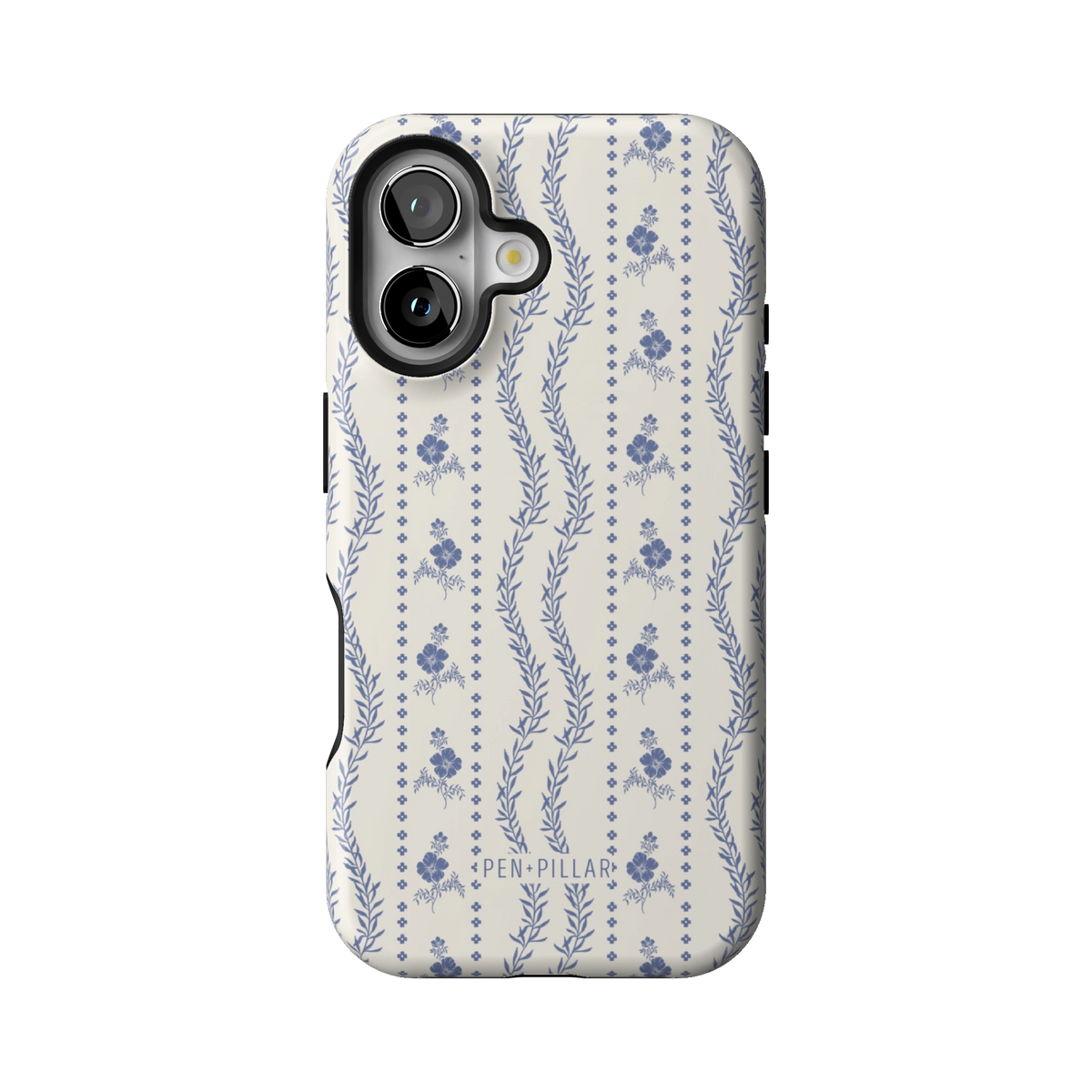 Riviera case on iPhone 16, back view: blue florals and vines in stripes on white