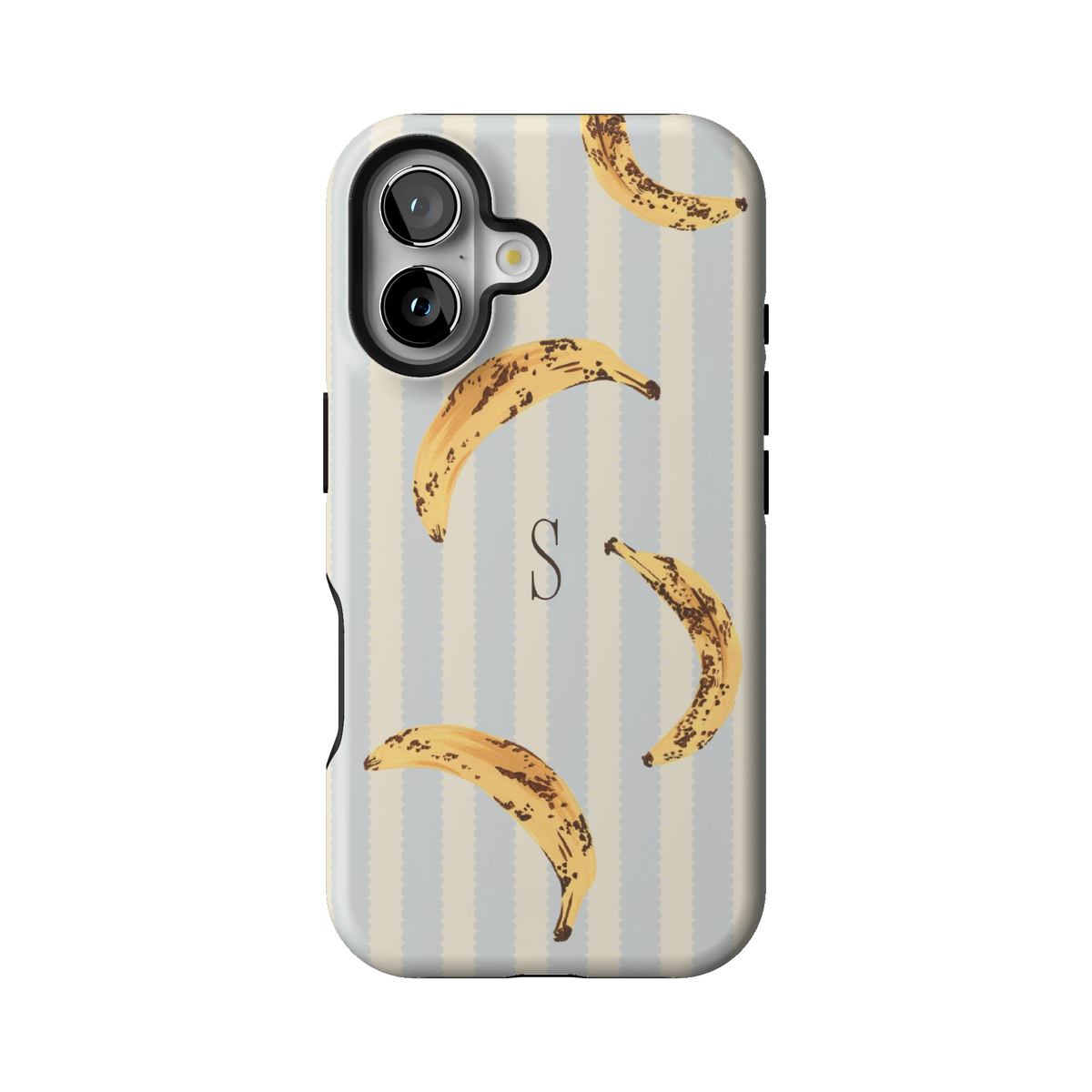Striped Bananas Personalized case on iPhone 16, back view: ripe bananas on pale blue and cream stripes with the initial S