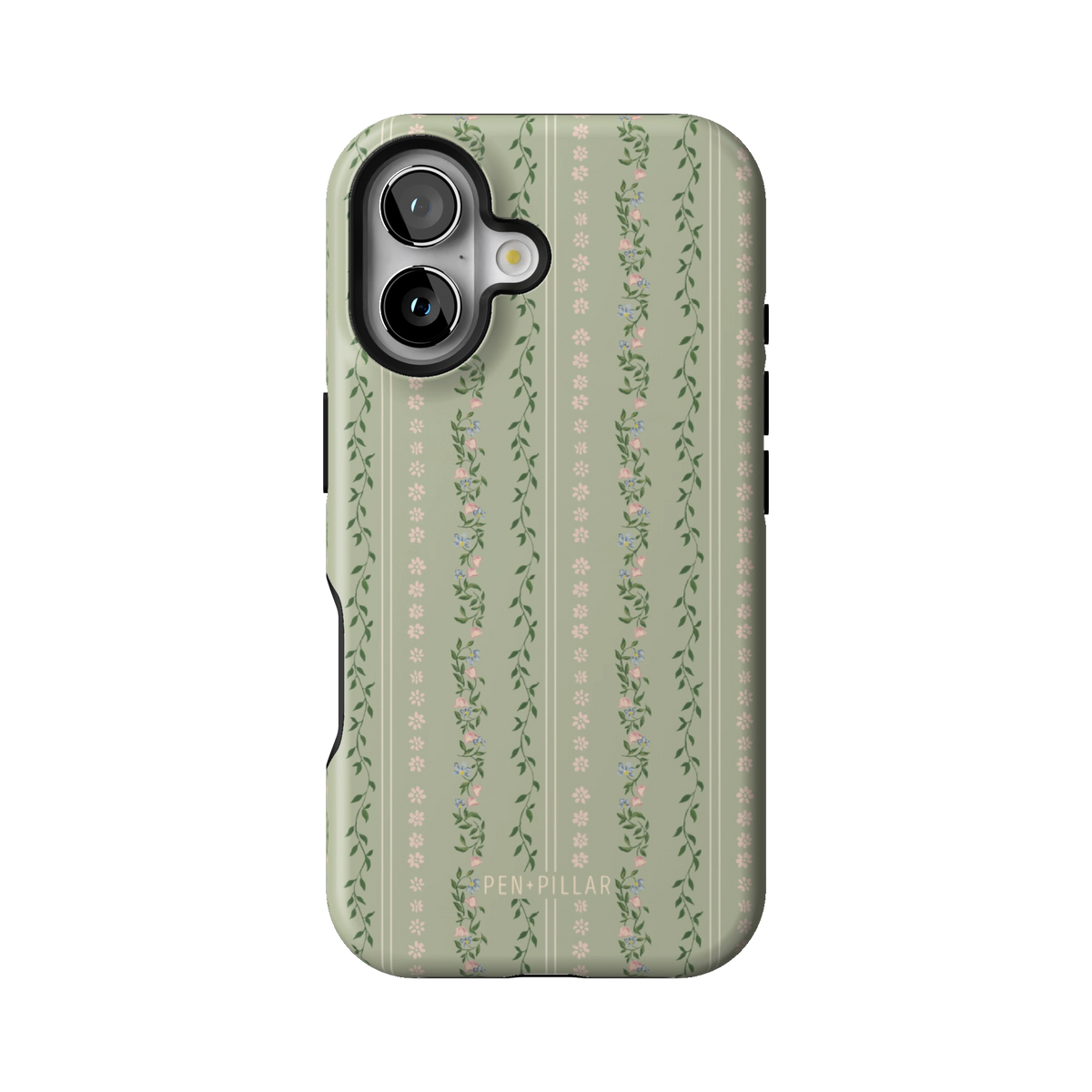 Camellia case on iPhone 16, back view: sage green with soft floral stripes