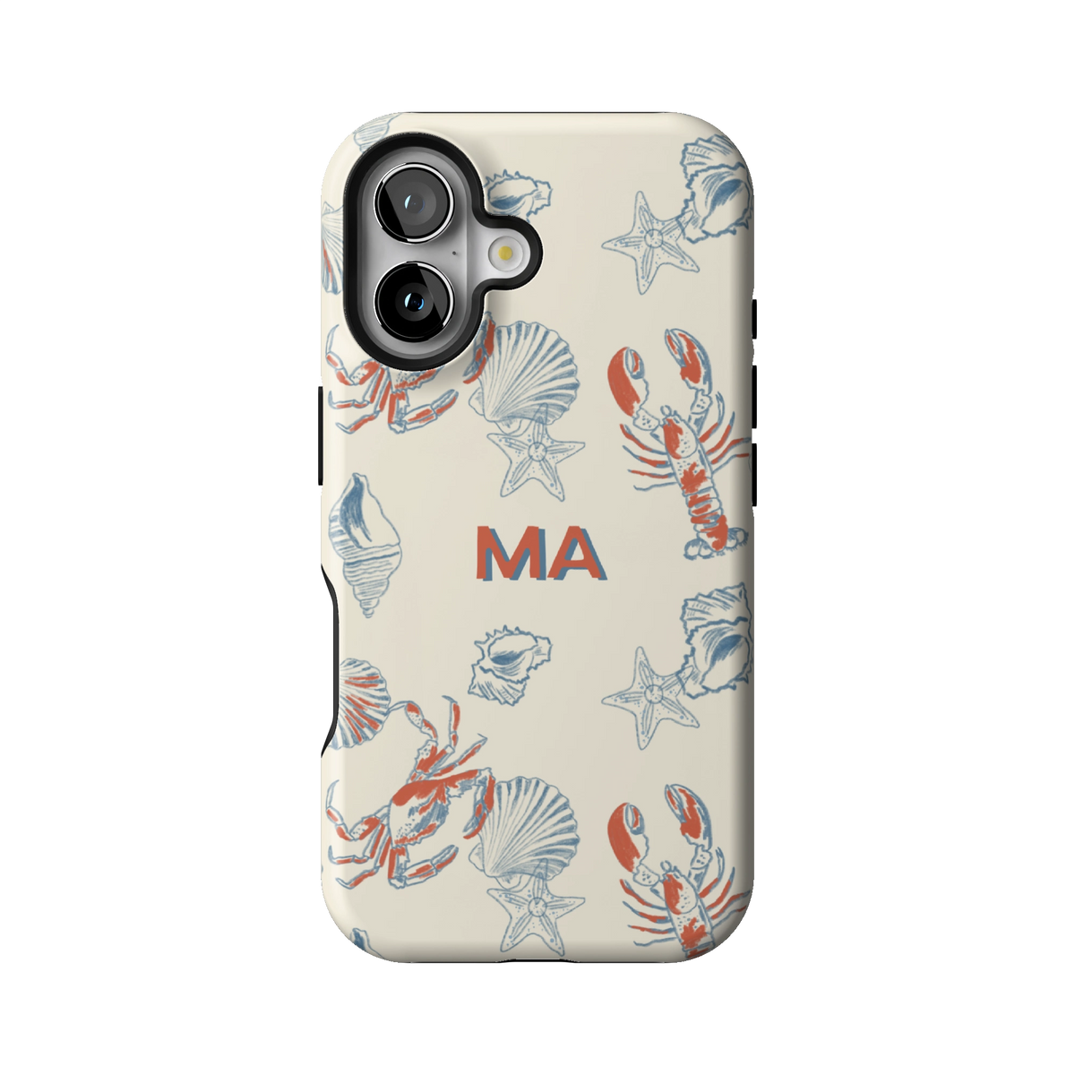 Mariner Personalized case on iPhone 16, back view: red lobsters, blue crabs and seashells on cream with the initials MA
