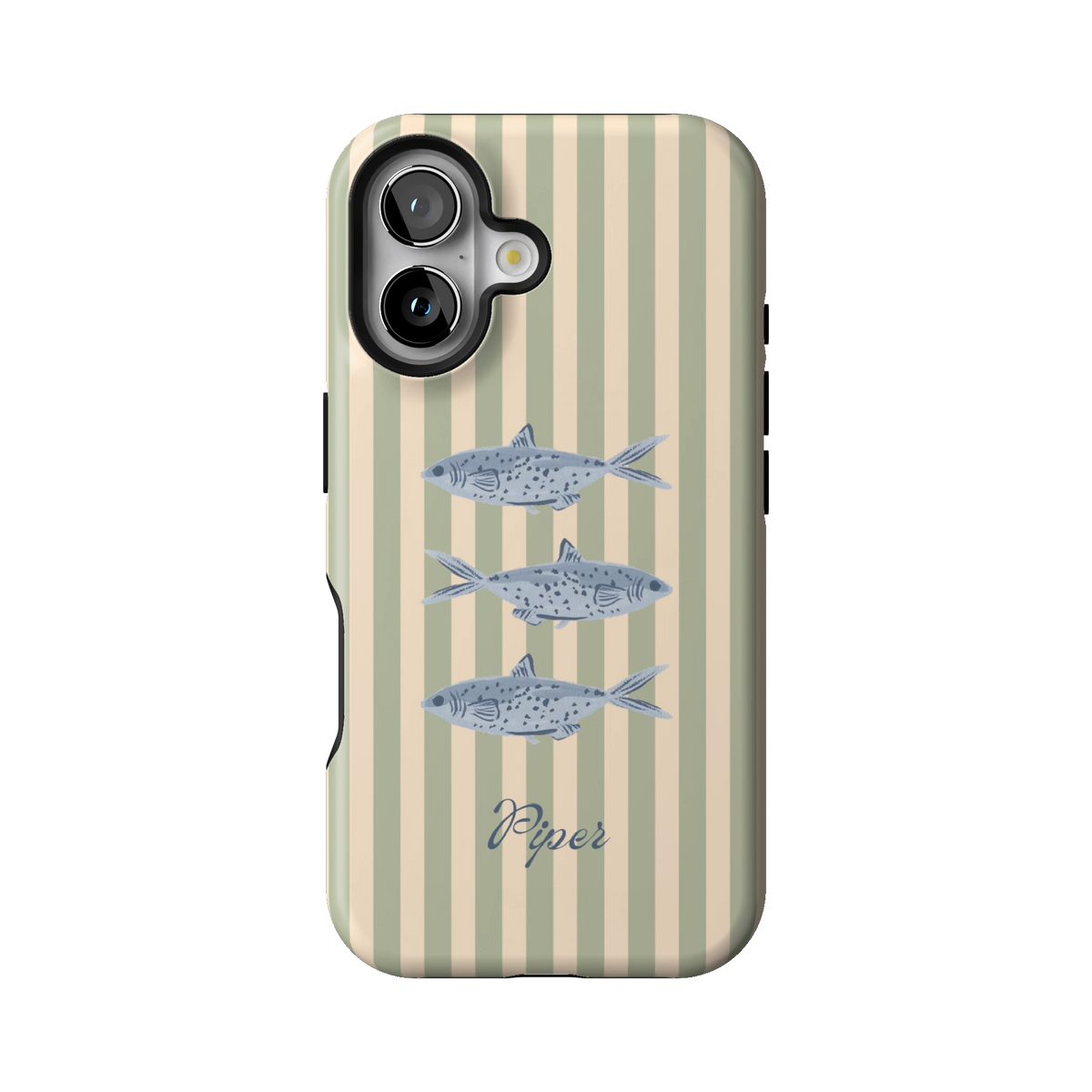 Sea Stripes Personalized case on iPhone 16, back view: blue fish on sage and cream stripes with the name Piper