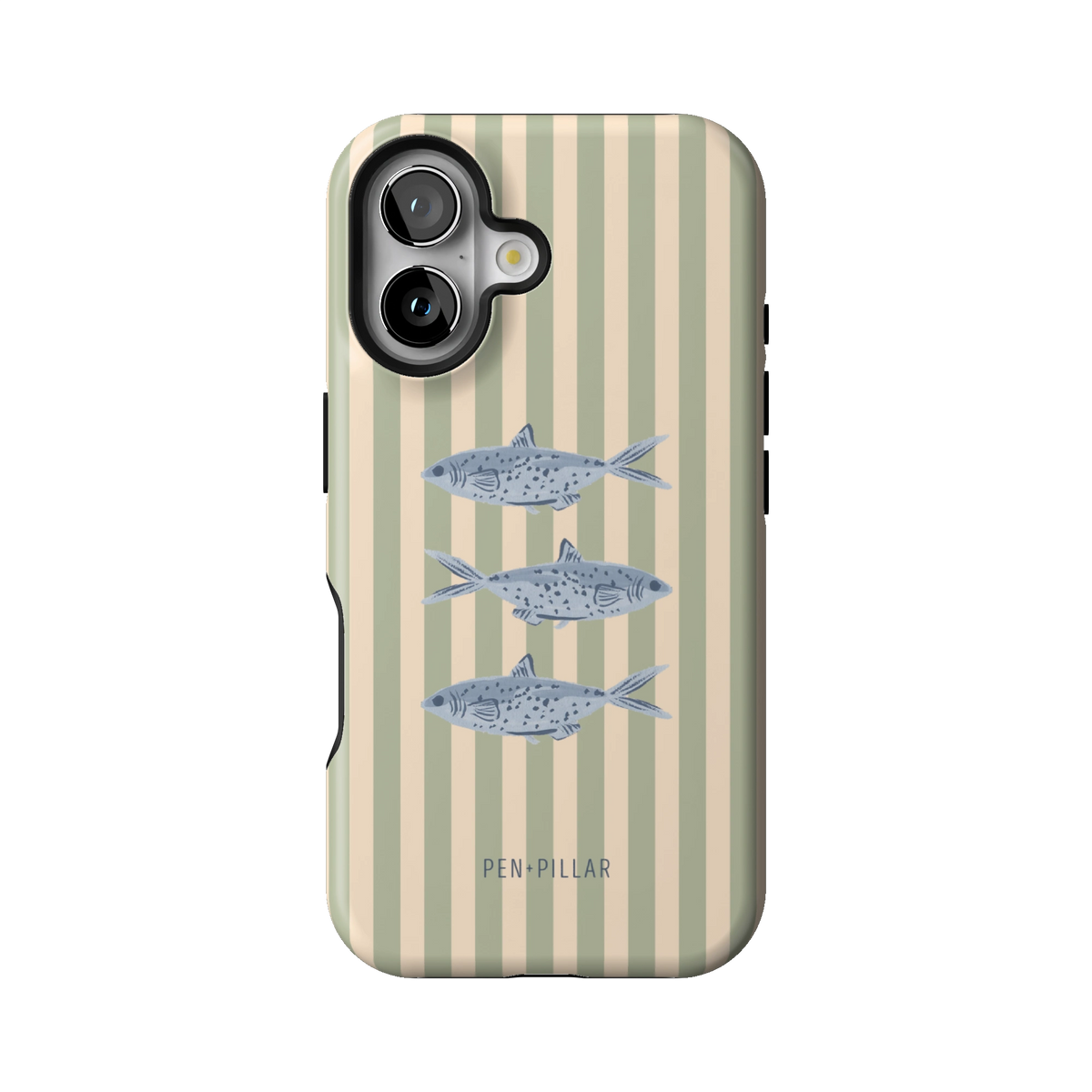 Sea Stripes case on iPhone 16, back view: blue fish on sage and cream stripes