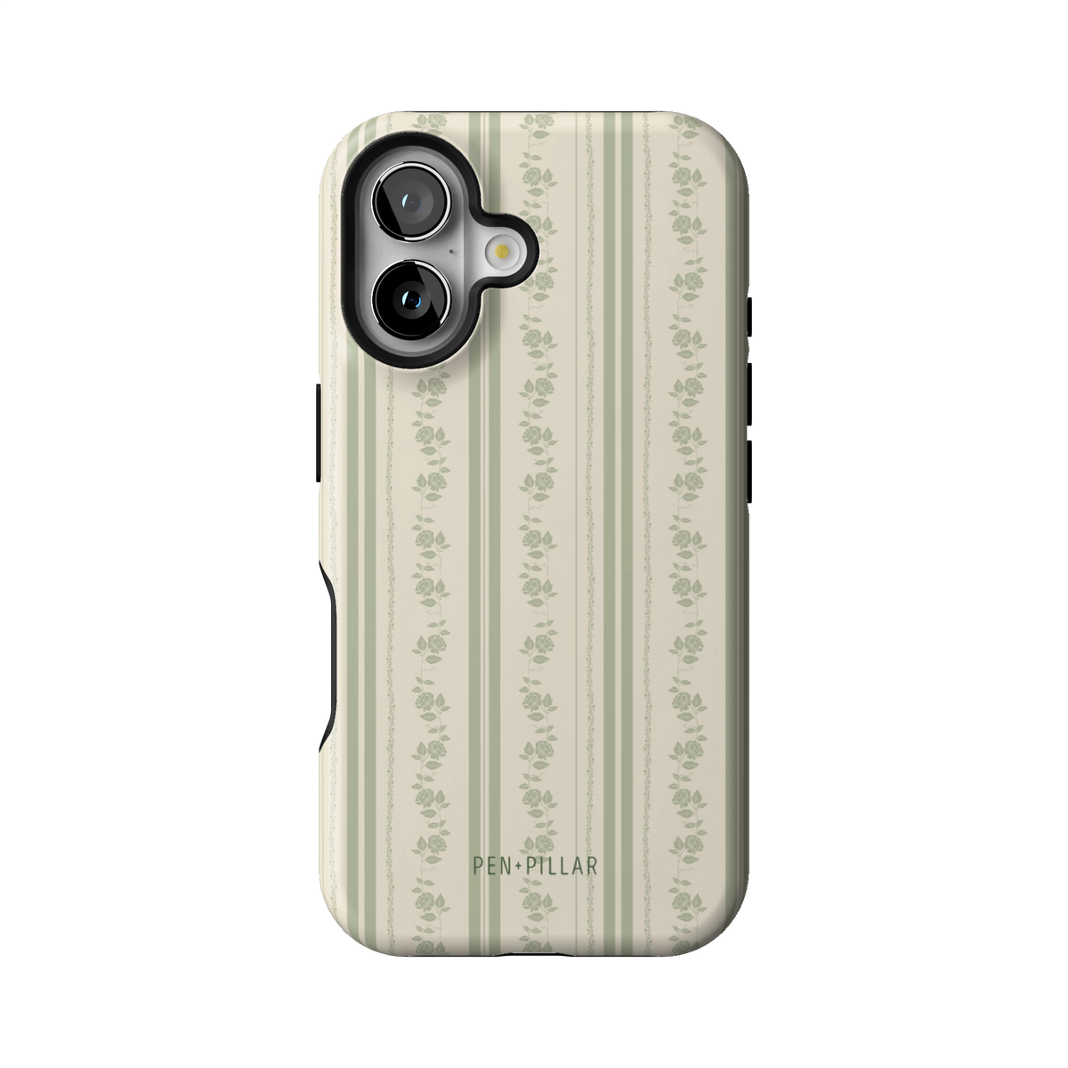 Roselle case on iPhone 16, back view: white floral vines on sage green stripes