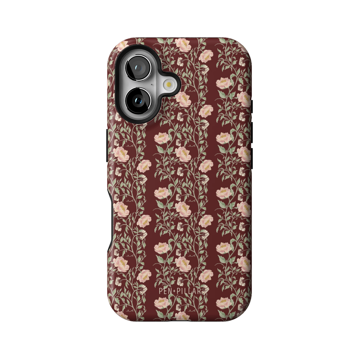 Thicket case on iPhone 16, back view: dense blush and cream florals on deep burgundy