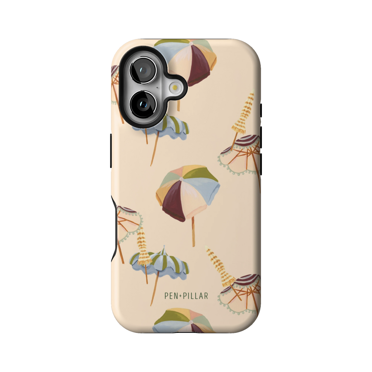 Umbrellas case on iPhone 16, back view: striped beach umbrellas and loungers on warm sand