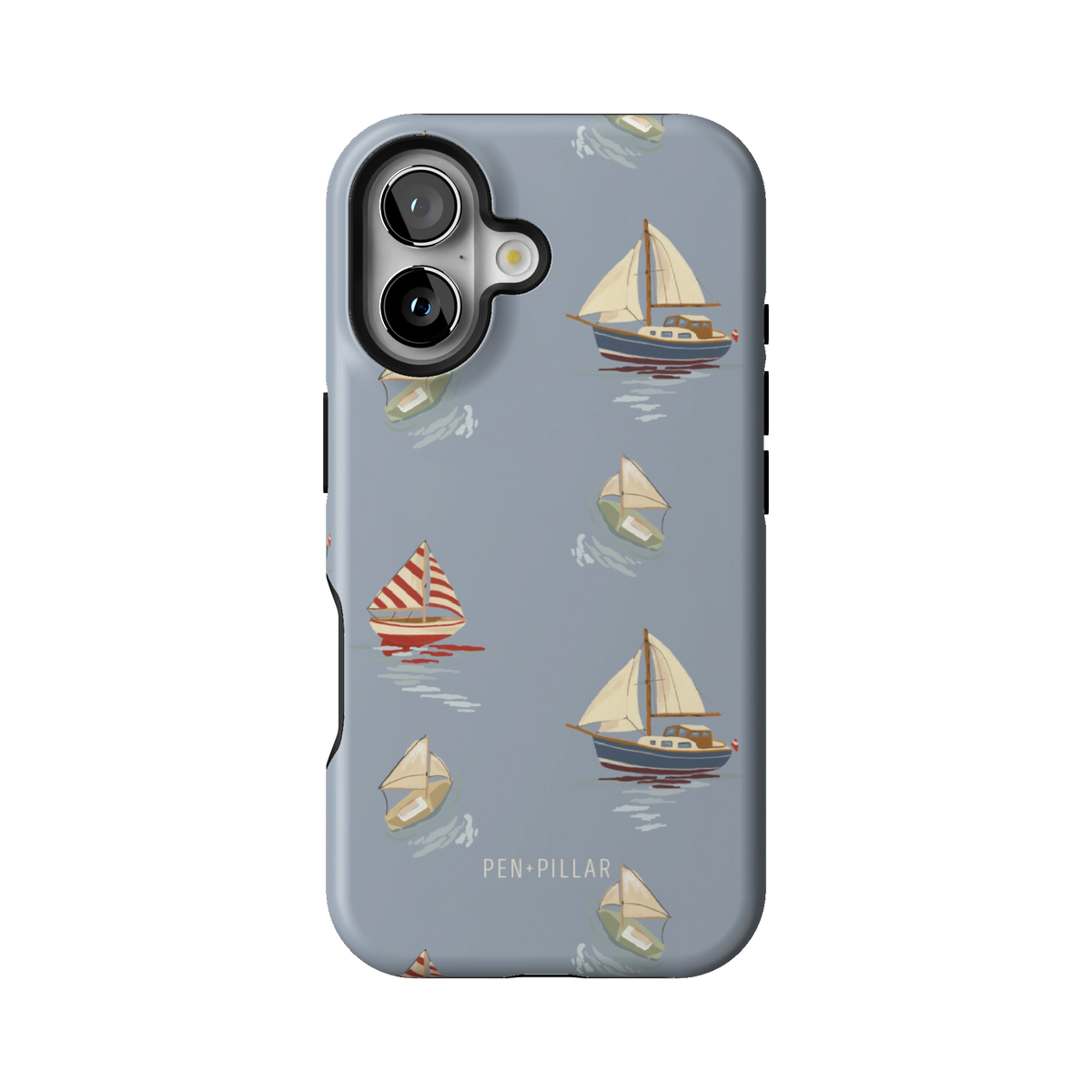 Harbor case on iPhone 16, back view: sailboats and paper boats on dusty blue